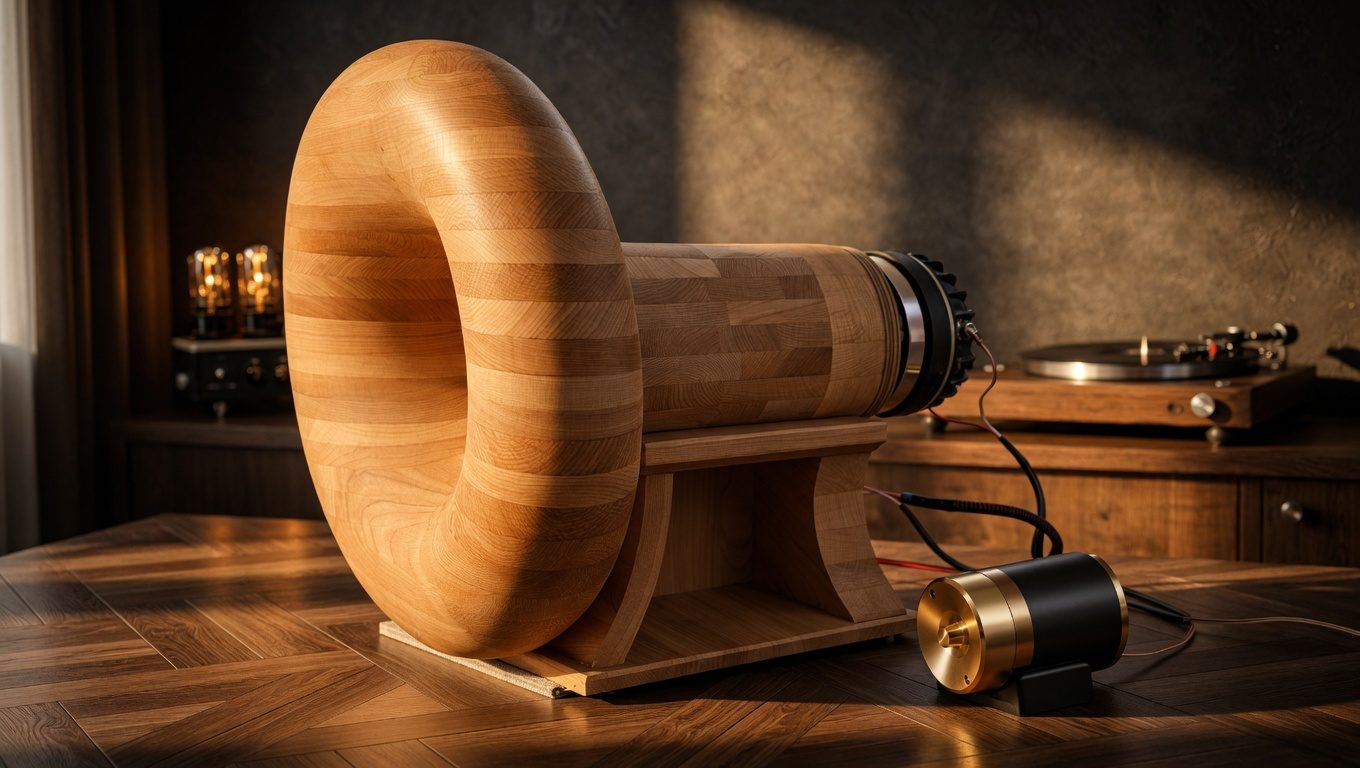 JMLC Le Cleach wooden donut horn with motor in audiophile listening room