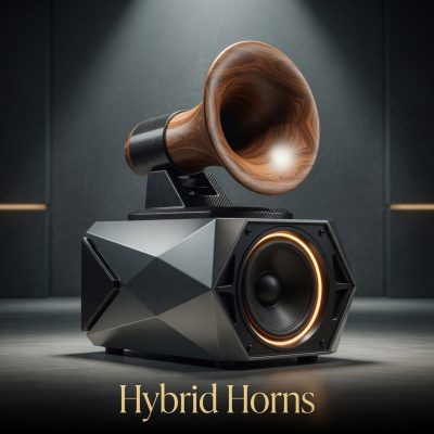 Modern Hybrid horn speaker with wood horn and carbon fiber base