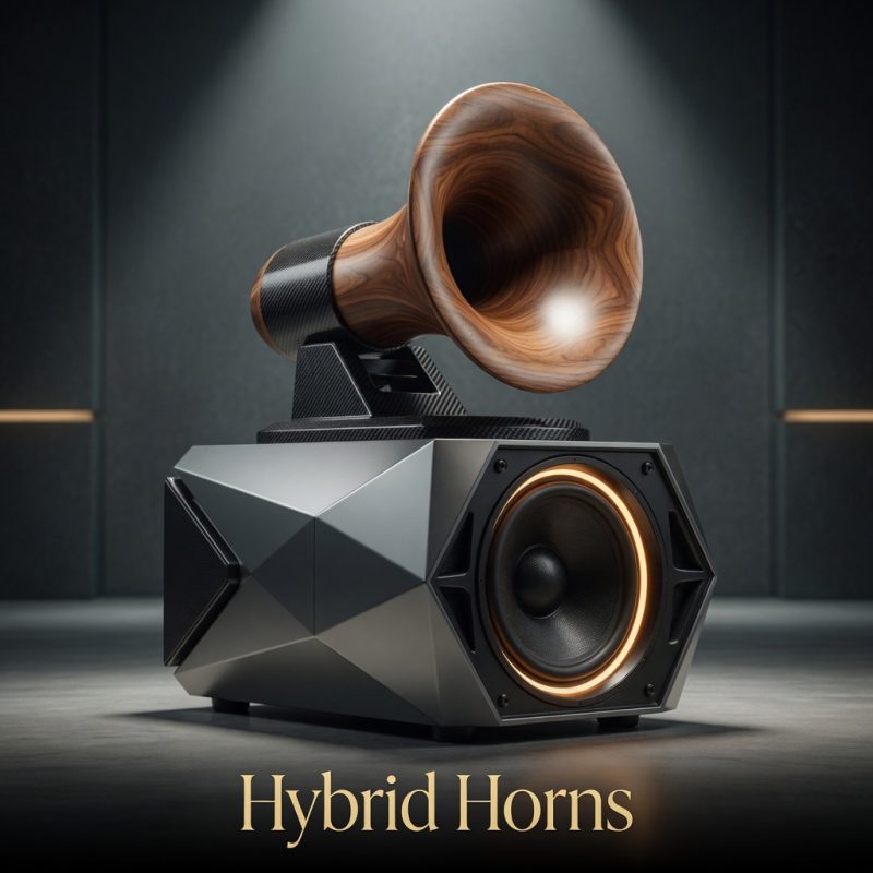 Modern Hybrid horn speaker with wood horn and carbon fiber base